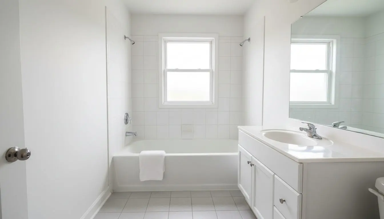 A finished bathroom just after handover, daylight through the window, tile and grout still clean, a folded towel over the tub edge.