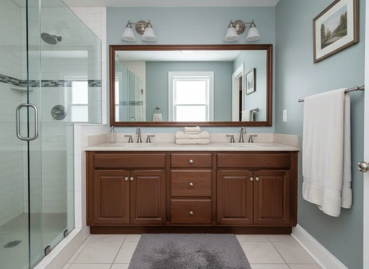 A finished bathroom in an older Allentown home, towels on a bar and a bath mat down, a tiled walk-in shower with a glass panel and a two-sink vanity.