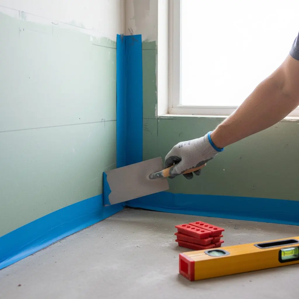 Close on a hand pressing a waterproofing membrane into a shower corner seam with a trowel, tile spacers and a level resting on the subfloor beside it.