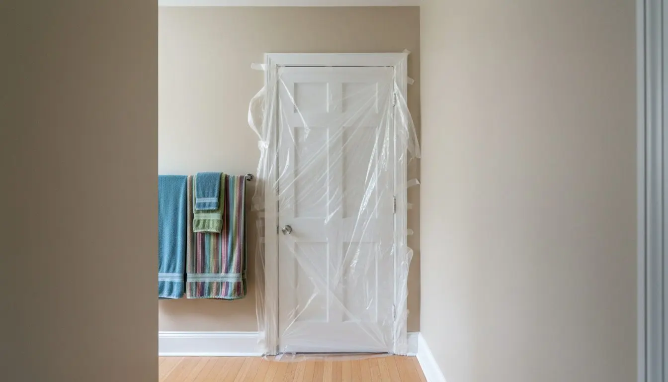 A rowhouse bathroom doorway sheeted in plastic from floor to frame, a family's towels still hanging on a rack just outside the taped-off door.