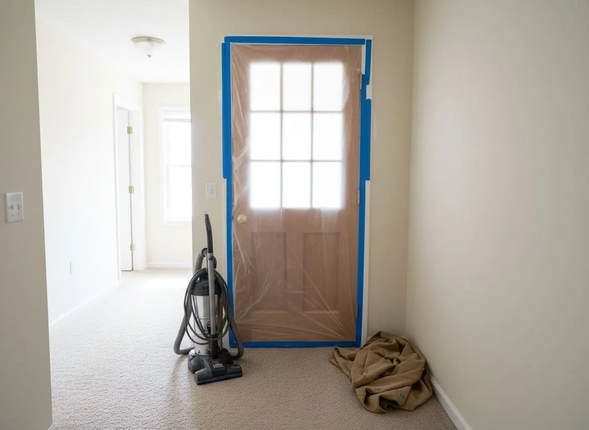 A hallway bathroom door sheeted in plastic from floor to frame, a vacuum and a folded drop cloth staged just outside on the hallway carpet.