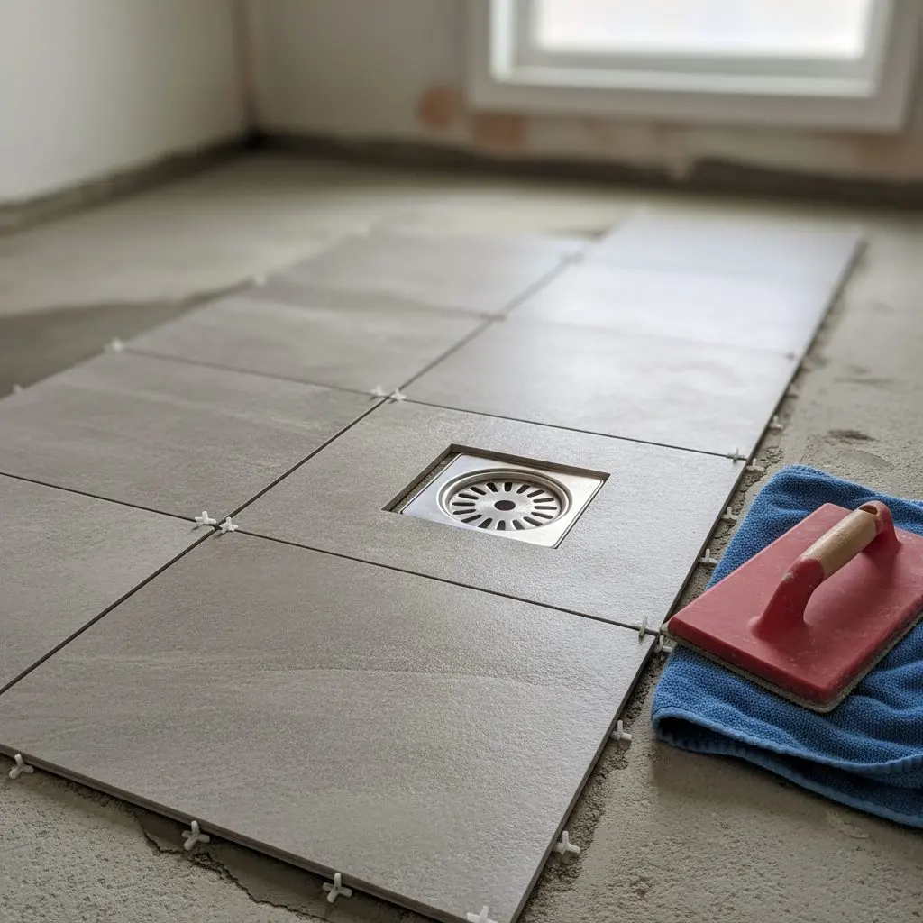 A close shot of new floor tile being set around a shower drain, spacers in place and a grout float resting on a folded towel beside it.