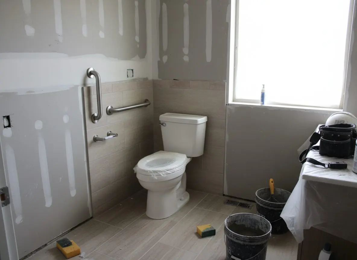 A comfort-height toilet and grab rail set beside it in a finished, tiled bathroom.