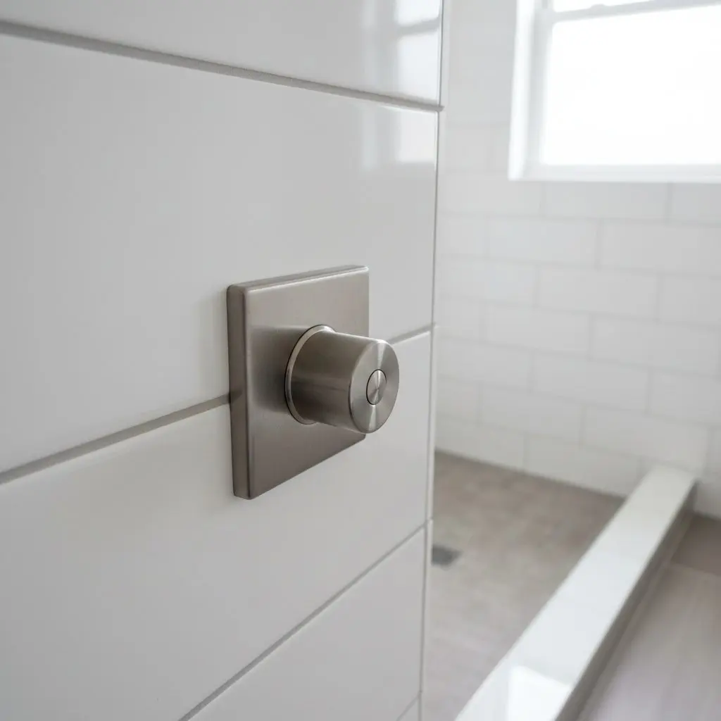 A grab rail mounted on a tiled shower wall beside a curbless entrance, close up on the mounting hardware.