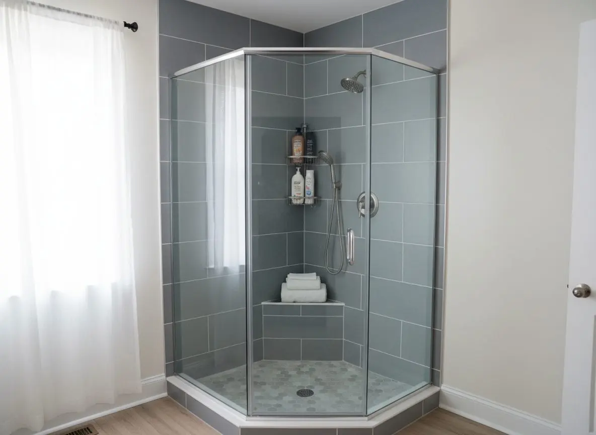 A finished, furnished walk-in shower, tile, glass and fixtures complete, nothing mid-project in view.