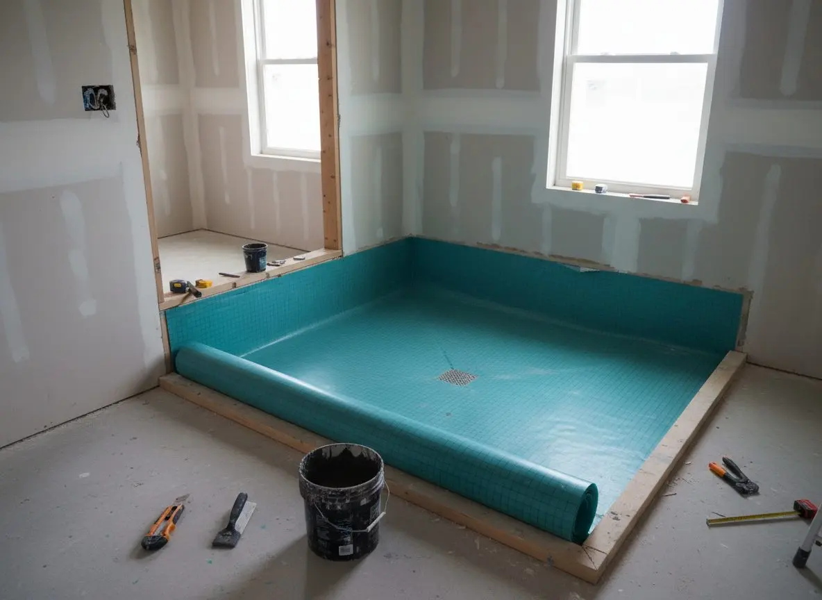 A sheet waterproofing membrane rolled across a shower floor before the tile is set.