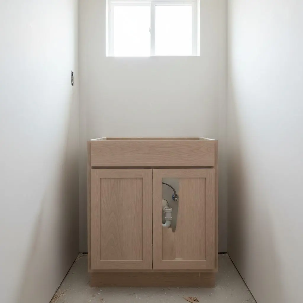 A vanity cabinet set into a narrow bathroom alcove, drain line visible beneath it before the countertop goes on.